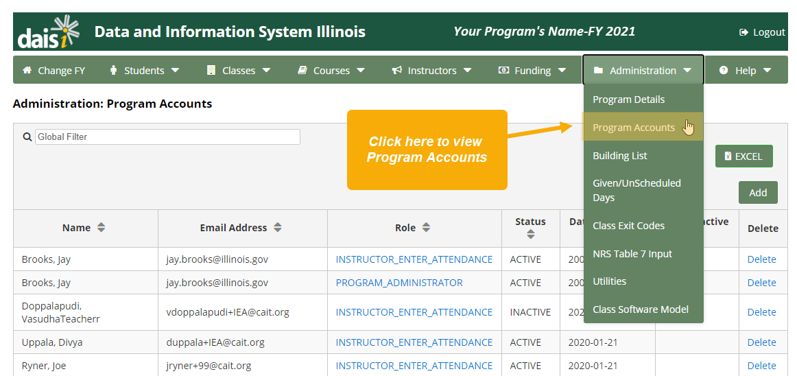 Administration: Program Accounts page with drop-down menu expanded