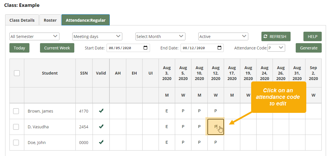 Regular attendance grid with text box that reads, "Click on an attendance code to edit."