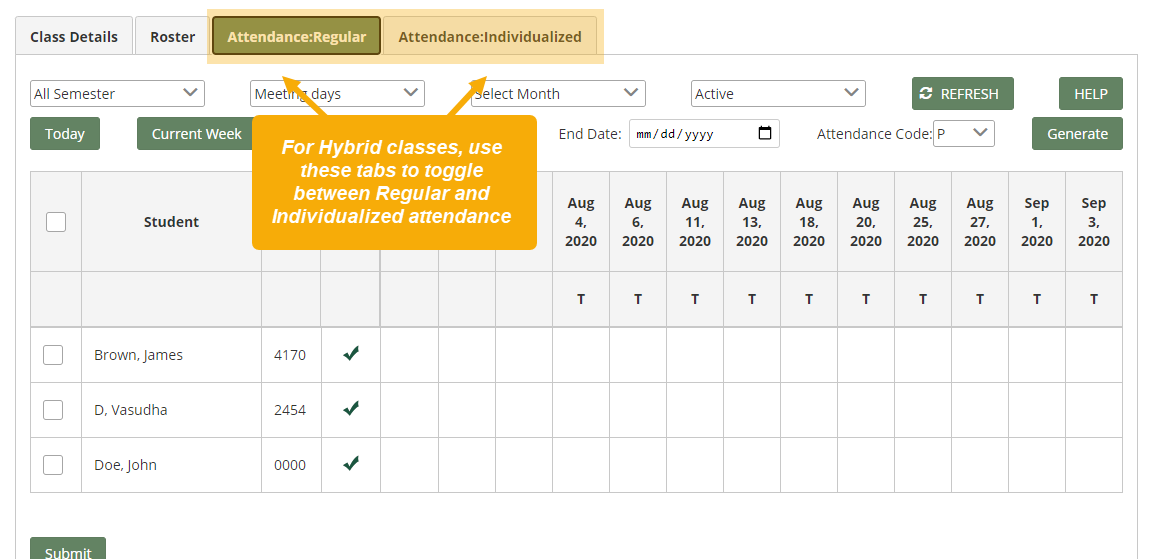 Hybrid class page with Attendance tabs highlighted